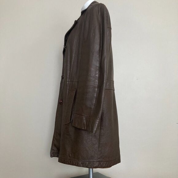 Vintage 1980s Brown Leather Pea Coat Trench Style Overcoat - Mens Size M/L - Picture 3 of 10